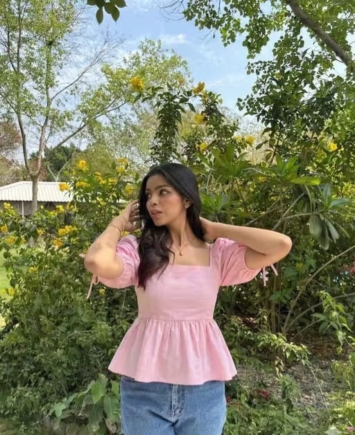 Pink Cotton Square Neck Peplum Top with Puff Sleeves