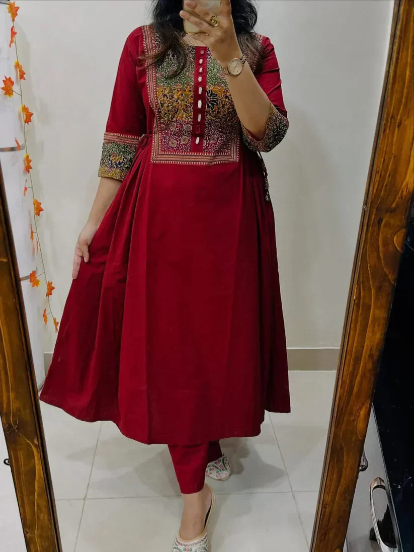 Women’s Red Cotton Anarkali Kurta Pant Set with Embroidered Yoke