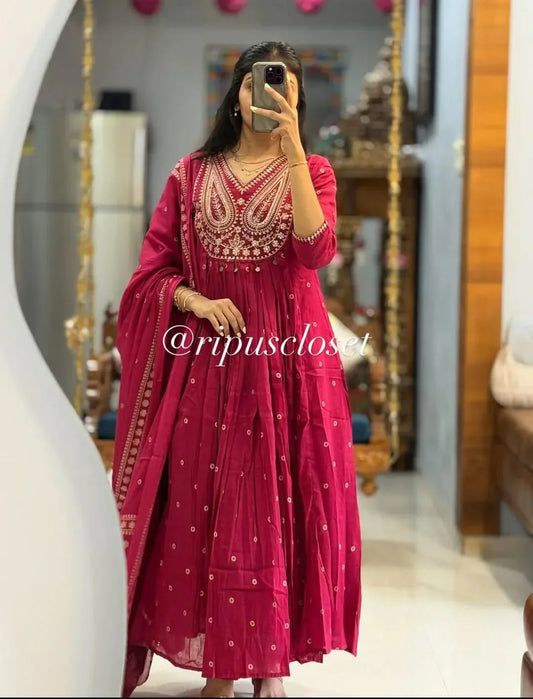 Stylish Cotton Embroidery Work Anarkali Kurta Set with Dupatta