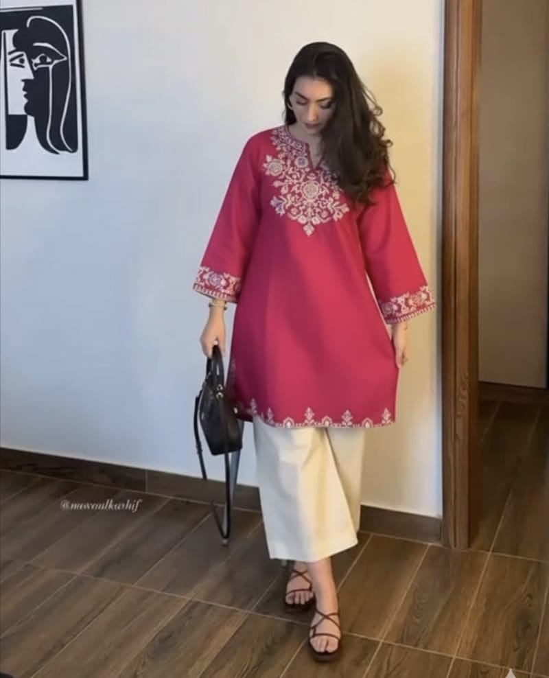 Pink Cotton Embroidered Kurta Set with Palazzo Pants
