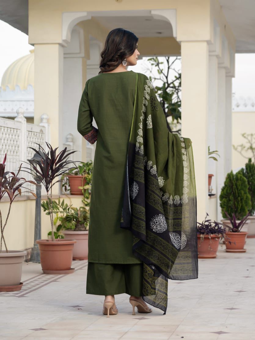 Patch work Sea Green Cotton kurta set with malmal Dupatta