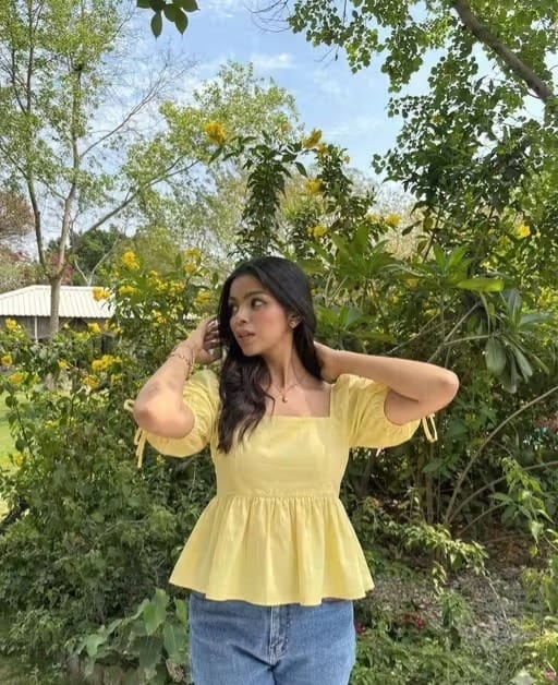 Yellow Cotton Square Neck Peplum Top with Puff Sleeves