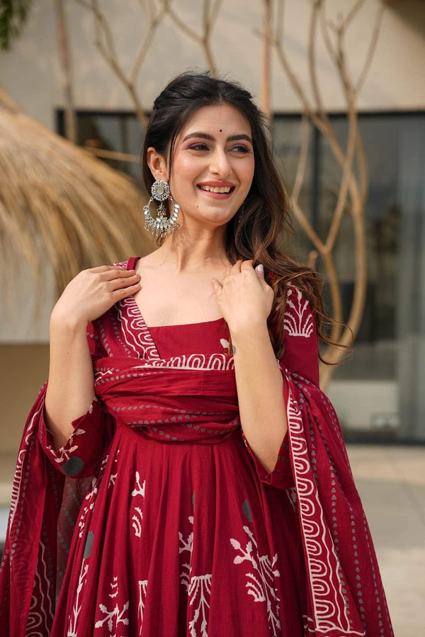 Maroon Cotton Anarkali Set With Dupatta