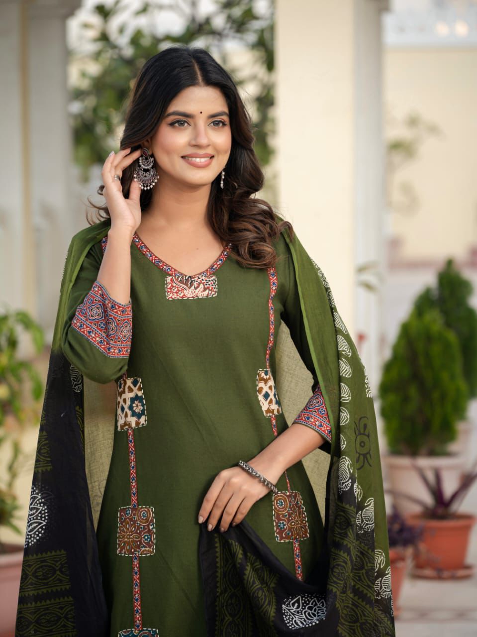 Patch work Sea Green Cotton kurta set with malmal Dupatta