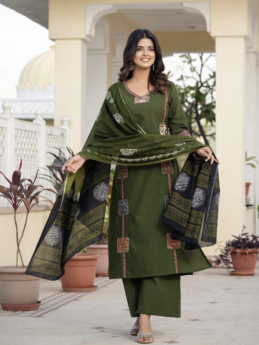 Patch work Sea Green Cotton kurta set with malmal Dupatta