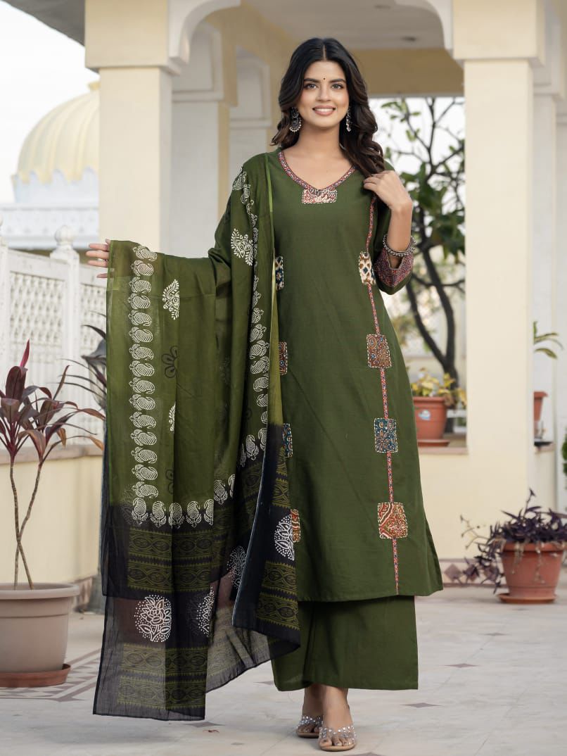 Patch work Sea Green Cotton kurta set with malmal Dupatta