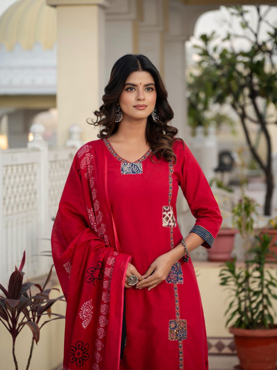 Patch work Red Cotton kurta set with malmal Dupatta